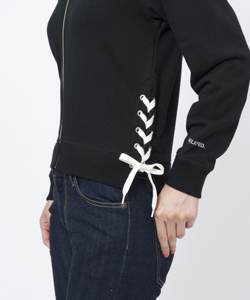 MILKFED.（ミルクフェド）の「LACE UP ZIP HOODIE（レースアップ/ジップ/フード）（スウェット・レディース・ホワイト/ブラック/アッシュ・SMALL/MEDIUM）」の7枚目の写真