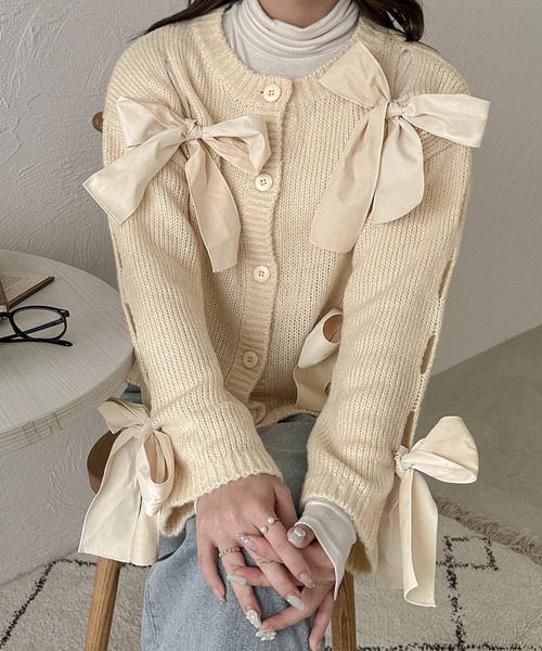 セール】【apres jour clair】リボン付きニットカーデ【ZOZOTOWN限定