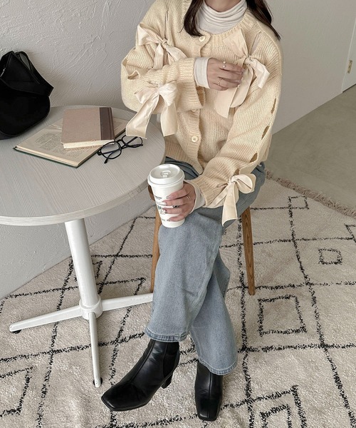 セール】【apres jour clair】リボン付きニットカーデ【ZOZOTOWN限定