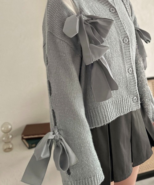 セール】【apres jour clair】リボン付きニットカーデ【ZOZOTOWN限定