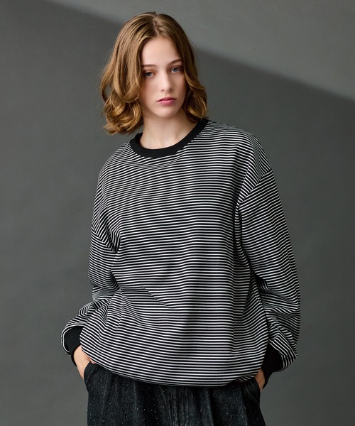 CREW NECK DRAW CORD BORDER LONG TEE / クルーネックドロー