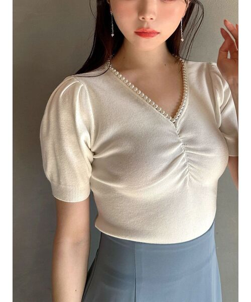 RESEXXY（リゼクシー）の「ポイントパールニットトップス（ニット/セーター・レディース・ホワイト/ミント/ブラック・FREE）」の2枚目の写真