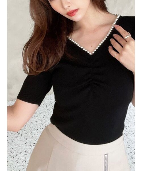 RESEXXY（リゼクシー）の「ポイントパールニットトップス（ニット/セーター・レディース・ホワイト/ミント/ブラック・FREE）」の3枚目の写真