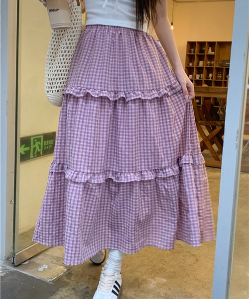 Twinkle;pm(トゥインクルピーエム)の「ギンガムチェックフリルティアードスカート(スカート・レディース・ライトパープル・FREE)」の3枚目の写真