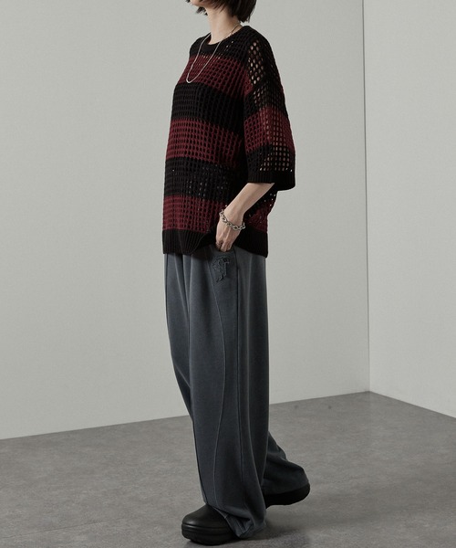 Alfred Alex（アルフレッドアレックス）の「【Alfred Alex】ボーダーシアーメッシュオーバーサイズニット（ニット/セーター・メンズ・ワイン/ライトグレー/チャコール/ネイビー/ブラック/サックスブルー/パープル・L/M）」の20枚目の写真