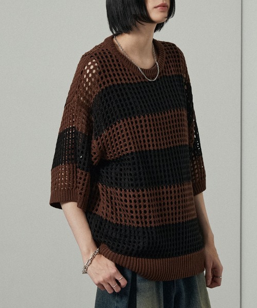 Alfred Alex(アルフレッドアレックス)の「【Alfred Alex】Border Mesh Oversized Knit/ボーダーシアーメッシュオーバーサイズニット(Tシャツ/カットソー・メンズ・ワイン/ライトグレー/チャコール/ネイビー/ブラック/サックスブルー/パープル/ブラウン・L/M)」の22枚目の写真