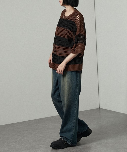Alfred Alex(アルフレッドアレックス)の「【Alfred Alex】Border Mesh Oversized Knit/ボーダーシアーメッシュオーバーサイズニット(Tシャツ/カットソー・メンズ・ワイン/ライトグレー/チャコール/ネイビー/ブラック/サックスブルー/パープル/ブラウン・L/M)」の21枚目の写真
