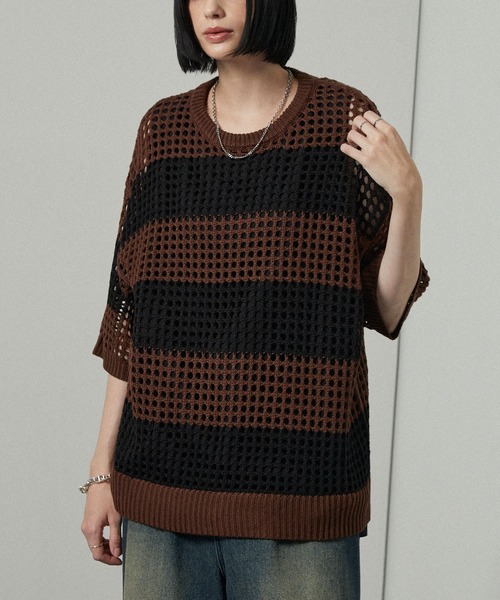 Alfred Alex(アルフレッドアレックス)の「【Alfred Alex】Border Mesh Oversized Knit/ボーダーシアーメッシュオーバーサイズニット(Tシャツ/カットソー・メンズ・ワイン/ライトグレー/チャコール/ネイビー/ブラック/サックスブルー/パープル/ブラウン・L/M)」の19枚目の写真
