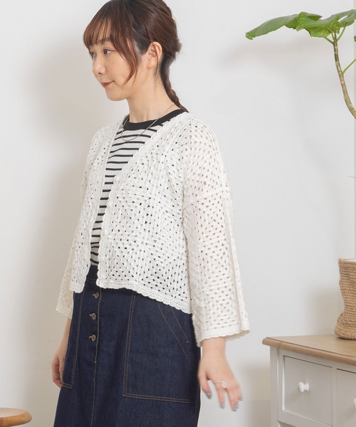 POU DOU DOU（プードゥドゥ）の「かぎ針編み風カーディガン（カーディガン/ボレロ・レディース・オフホワイト/ブルー/キナリ・3）」の6枚目の写真