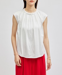 サテンギャザーネックフレンチスリーブカットソー