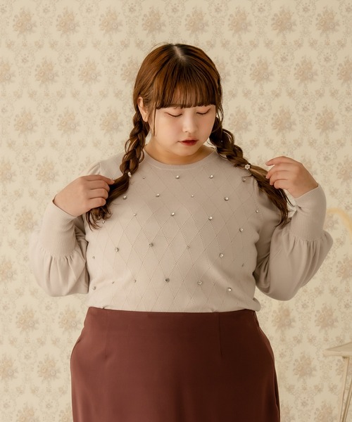 Louiosy【大きいサイズ】ビジュー付きカラーニットドッキングトップス XL Louiosy ニット セーター 「大きいサイズ」ビジュー付きカラー