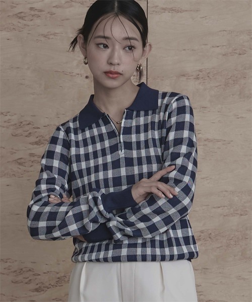 miette(ミエット)の「チェック柄フロントジップポロニット(ニット/セーター・レディース・ホワイト/レッド/ネイビー・FREE)」の3枚目の写真