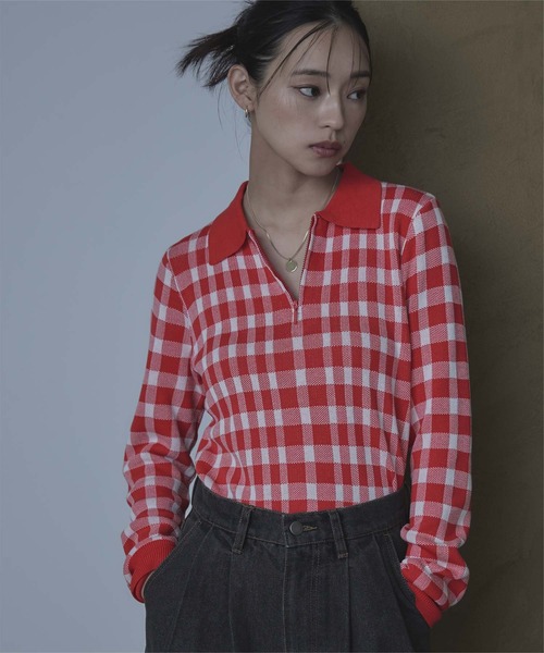 miette(ミエット)の「チェック柄フロントジップポロニット(ニット/セーター・レディース・ホワイト/レッド/ネイビー・FREE)」の17枚目の写真