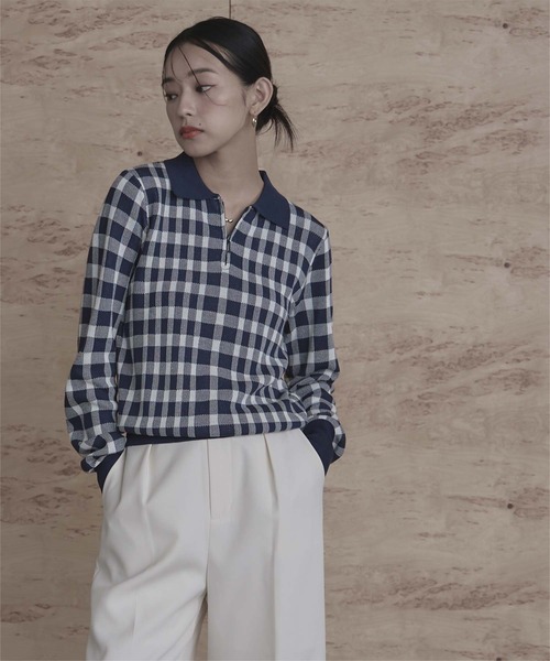 miette(ミエット)の「チェック柄フロントジップポロニット(ニット/セーター・レディース・ホワイト/レッド/ネイビー・FREE)」の10枚目の写真