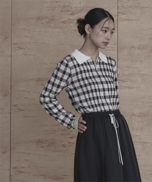 miette(ミエット)の「チェック柄フロントジップポロニット(ニット/セーター・レディース・ホワイト/レッド/ネイビー・FREE)」の9枚目の写真