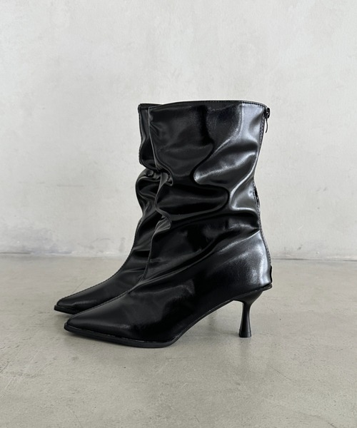 セール】ポインテッドトゥギャザーショートブーツ（ブーツ