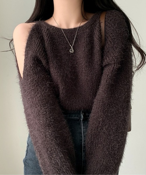 アシメオープンショルダーシャギーニットトップス（ニット/セーター）｜AMAJI（アマジ）