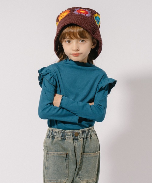 URBAN CHERRY(アーバンチェリー)の「ショルダーフリルリブトップス(Tシャツ/カットソー・キッズ・ブルー/オレンジ/ブラウン・100cm/110cm/120cm/130cm)」の1枚目の写真