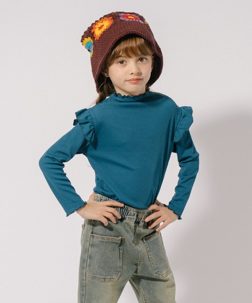 URBAN CHERRY(アーバンチェリー)の「ショルダーフリルリブトップス(Tシャツ/カットソー・キッズ・ブルー/オレンジ/ブラウン・100cm/110cm/120cm/130cm)」の5枚目の写真