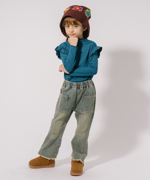 URBAN CHERRY(アーバンチェリー)の「ショルダーフリルリブトップス(Tシャツ/カットソー・キッズ・ブルー/オレンジ/ブラウン・100cm/110cm/120cm/130cm)」の4枚目の写真