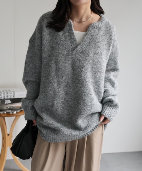 ウール混スキッパーニット/ニットプルオーバー