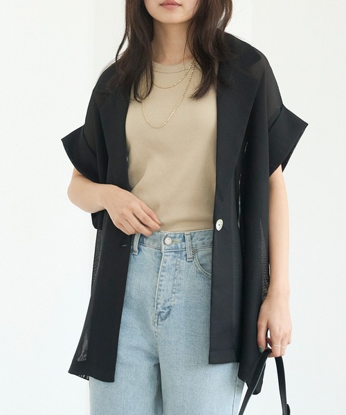 LAVEANGE（ラビアンジェ）の「【洗える】メッシュハーフスリーブジャケット（テーラードジャケット・レディース・ブラック/ベージュ/ネイビー・M/LL/3L/4L/5L）」の5枚目の写真