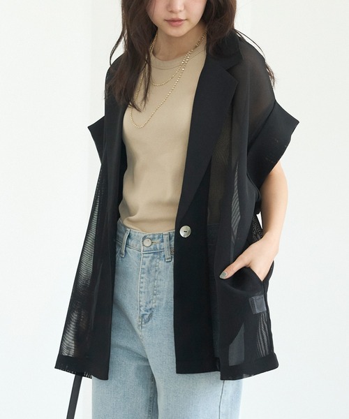 LAVEANGE（ラビアンジェ）の「【洗える】メッシュハーフスリーブジャケット（テーラードジャケット・レディース・ブラック/ベージュ/ネイビー・M/LL/3L/4L/5L）」の6枚目の写真