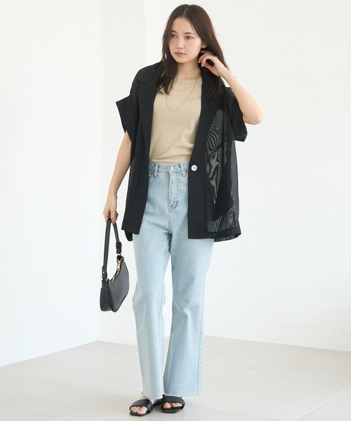 LAVEANGE（ラビアンジェ）の「【洗える】メッシュハーフスリーブジャケット（テーラードジャケット・レディース・ブラック/ベージュ/ネイビー・M/LL/3L/4L/5L）」の10枚目の写真