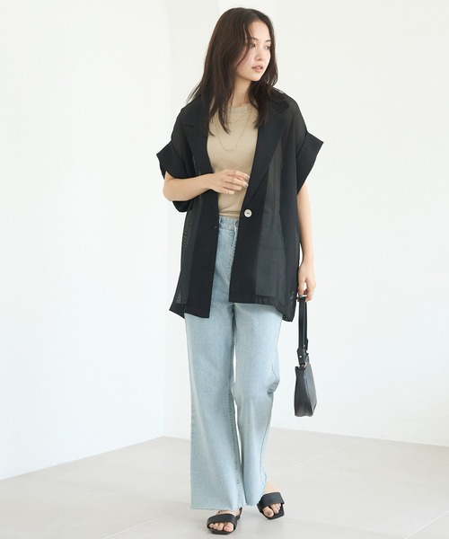 LAVEANGE（ラビアンジェ）の「【洗える】メッシュハーフスリーブジャケット（テーラードジャケット・レディース・ブラック/ベージュ/ネイビー・M/LL/3L/4L/5L）」の11枚目の写真