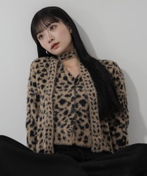 【 チョーカータイ付き 】レオパードシャギーニットカーディガン / choker tie set leopard shaggy knit cardigan