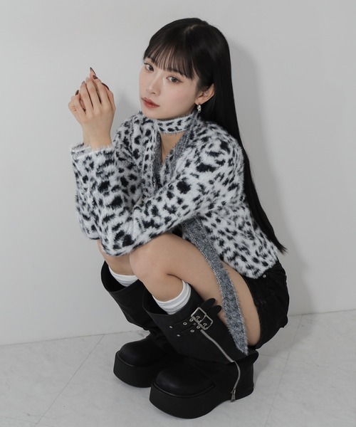 me+em select（ミームセレクト）の「【 チョーカータイ付き 】レオパードシャギーニットカーディガン ／ choker tie set leopard shaggy knit cardigan（カーディガン/ボレロ・レディース・ブラウン/ブラック・FREE）」の5枚目の写真