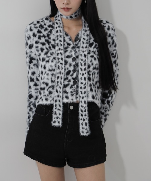 me+em select（ミームセレクト）の「【 チョーカータイ付き 】レオパードシャギーニットカーディガン ／ choker tie set leopard shaggy knit cardigan（カーディガン/ボレロ・レディース・ブラウン/ブラック・FREE）」の8枚目の写真