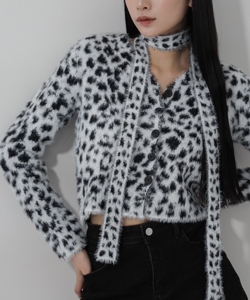 セール】【 チョーカータイ付き 】レオパードシャギーニット