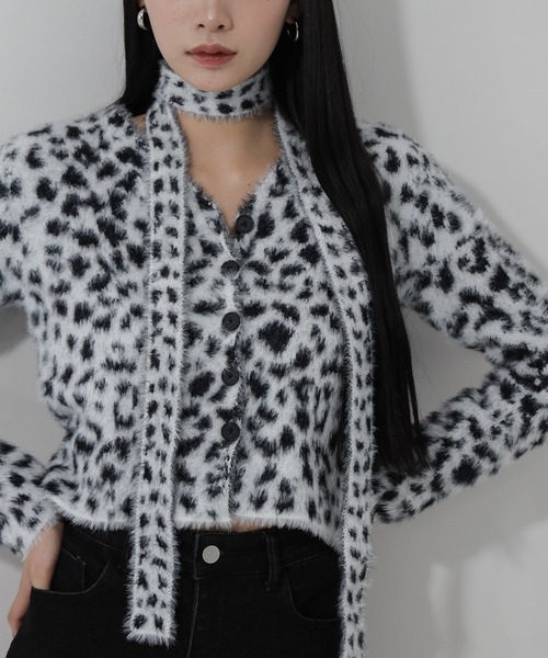 me+em select（ミームセレクト）の「【 チョーカータイ付き 】レオパードシャギーニットカーディガン ／ choker tie set leopard shaggy knit cardigan（カーディガン/ボレロ・レディース・ブラウン/ブラック・FREE）」の6枚目の写真