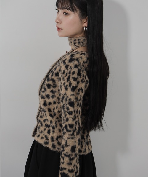 カーディガン Leopard Knit Cardigan /レオパードカーディガン レディース セール】【 チョーカータイ付き 】レオパードシャギーニット