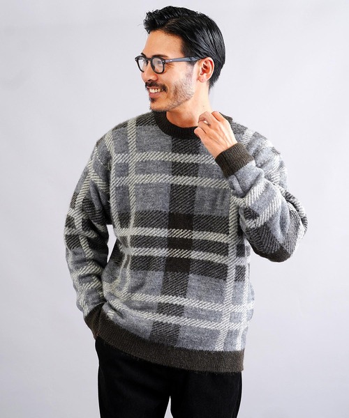 jiggys shop(ジギーズショップ)の「モヘア調ジャカードチェックニットセーター(ニット/セーター・メンズ・グレー/ブラック・SMALL/MEDIUM/LARGE)」の2枚目の写真
