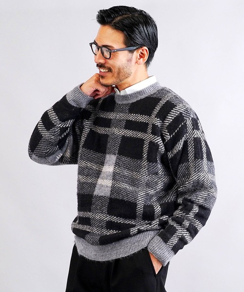 jiggys shop(ジギーズショップ)の「モヘア調ジャカードチェックニットセーター(ニット/セーター・メンズ・グレー/ブラック・SMALL/MEDIUM/LARGE)」の1枚目の写真