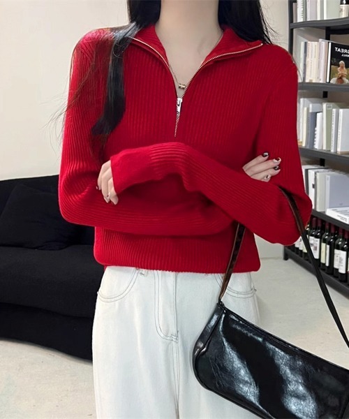 Miniministore(ミニミニストア)の「ニットトップス ハーフジップ 春秋冬(ニット/セーター・レディース・ブラック/ブラウン/レッド/ホワイト・FREE)」の4枚目の写真