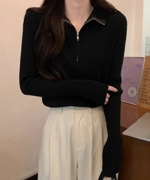 Miniministore(ミニミニストア)の「ニットトップス ハーフジップ 春秋冬(ニット/セーター・レディース・ブラック/ブラウン/レッド/ホワイト・FREE)」の3枚目の写真