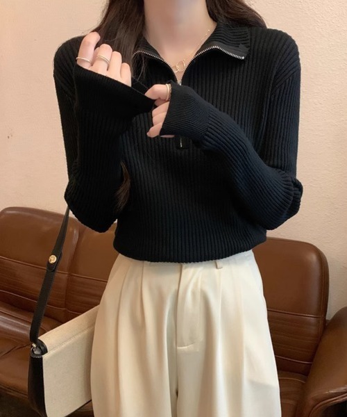 Miniministore(ミニミニストア)の「ニットトップス ハーフジップ 春秋冬(ニット/セーター・レディース・ブラック/ブラウン/レッド/ホワイト・FREE)」の15枚目の写真
