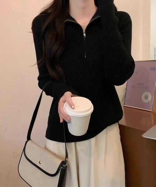 Miniministore(ミニミニストア)の「ニットトップス ハーフジップ 春秋冬(ニット/セーター・レディース・ブラック/ブラウン/レッド/ホワイト・FREE)」の16枚目の写真