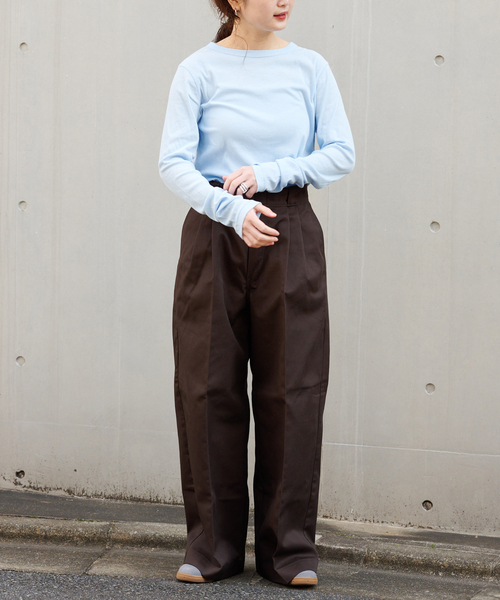 OUTDOOR PRODUCTS（アウトドアプロダクツ）の「Dickies/ディッキーズ別注2タックワイドパンツ（スラックス・レディース・ネイビー/ブラウン/カーキ・SMALL/X-SMALL/LARGE/MEDIUM）」の12枚目の写真