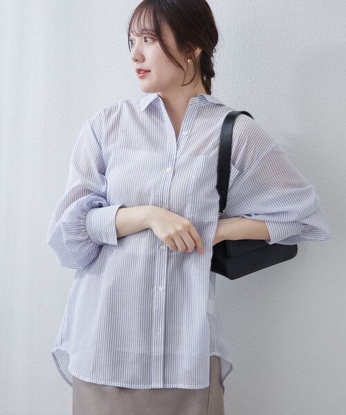 Another Branch olive des olive(アナザーブランチオリーブデオリーブ)の「夏の定番アイテム!シアーストライプシャツ(シャツ/ブラウス・レディース・ネイビー/ミント/ピンク/ブラック・FREE)」の7枚目の写真