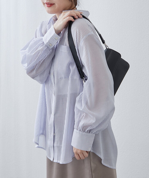 Another Branch olive des olive(アナザーブランチオリーブデオリーブ)の「夏の定番アイテム!シアーストライプシャツ(シャツ/ブラウス・レディース・ネイビー/ミント/ピンク/ブラック・FREE)」の9枚目の写真