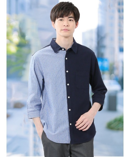 m.f.editorial（エムエフエディトリアル）の「【ウォッシャブル】m.f.エディトリアル メンズ 綿100％パナマ 配色 レギュラーカラー7分袖シャツ（シャツ/ブラウス・メンズ・ホワイト/ネイビー・MEDIUM/LARGE/X-LARGE）」の2枚目の写真