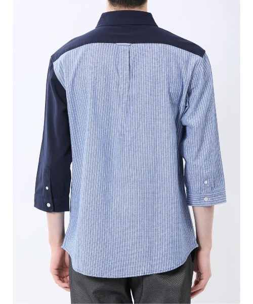 m.f.editorial（エムエフエディトリアル）の「【ウォッシャブル】m.f.エディトリアル メンズ 綿100％パナマ 配色 レギュラーカラー7分袖シャツ（シャツ/ブラウス・メンズ・ホワイト/ネイビー・MEDIUM/LARGE/X-LARGE）」の4枚目の写真