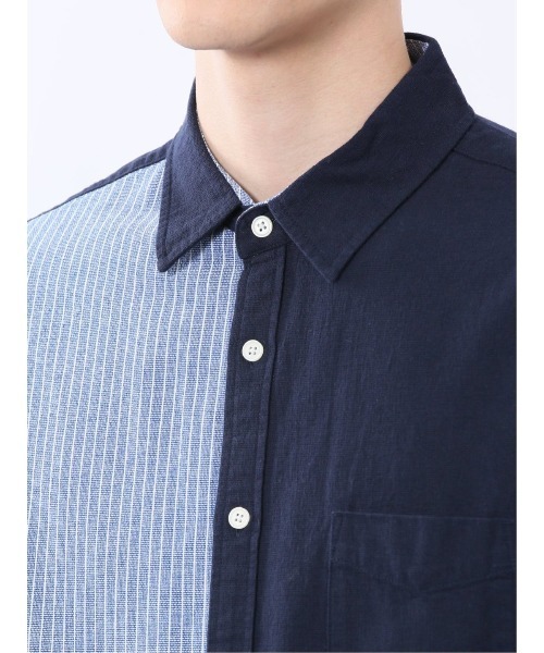 m.f.editorial（エムエフエディトリアル）の「【ウォッシャブル】m.f.エディトリアル メンズ 綿100％パナマ 配色 レギュラーカラー7分袖シャツ（シャツ/ブラウス・メンズ・ホワイト/ネイビー・MEDIUM/LARGE/X-LARGE）」の5枚目の写真