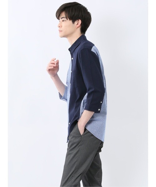 m.f.editorial（エムエフエディトリアル）の「【ウォッシャブル】m.f.エディトリアル メンズ 綿100％パナマ 配色 レギュラーカラー7分袖シャツ（シャツ/ブラウス・メンズ・ホワイト/ネイビー・MEDIUM/LARGE/X-LARGE）」の7枚目の写真