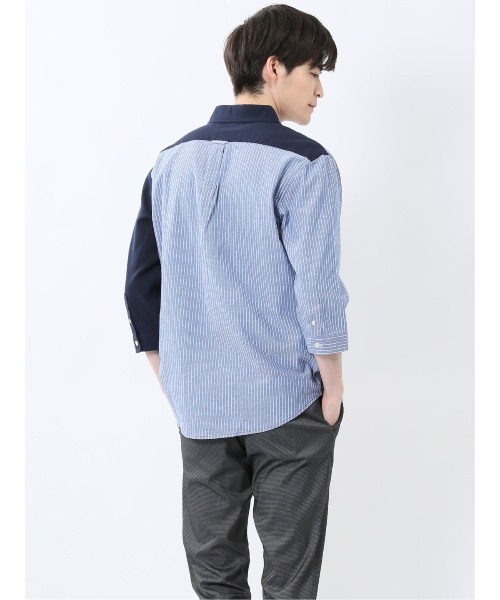 m.f.editorial（エムエフエディトリアル）の「【ウォッシャブル】m.f.エディトリアル メンズ 綿100％パナマ 配色 レギュラーカラー7分袖シャツ（シャツ/ブラウス・メンズ・ホワイト/ネイビー・MEDIUM/LARGE/X-LARGE）」の8枚目の写真