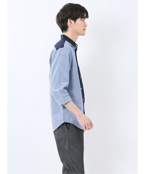 m.f.editorial（エムエフエディトリアル）の「【ウォッシャブル】m.f.エディトリアル メンズ 綿100％パナマ 配色 レギュラーカラー7分袖シャツ（シャツ/ブラウス・メンズ・ホワイト/ネイビー・MEDIUM/LARGE/X-LARGE）」の9枚目の写真